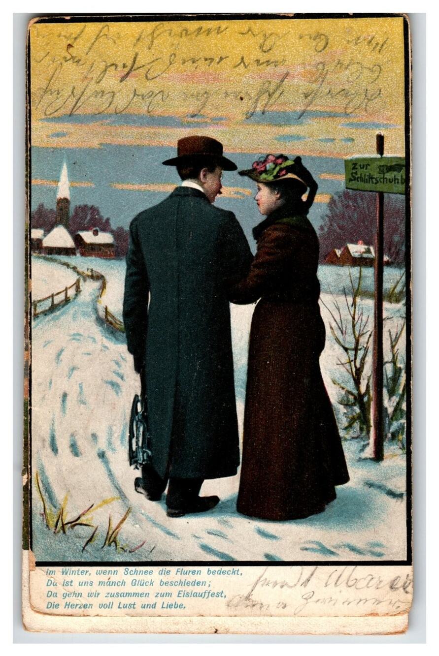 Vintage Austrian Winter Lovers Postcard, Couple on Snowy Path, Poem, c.1910